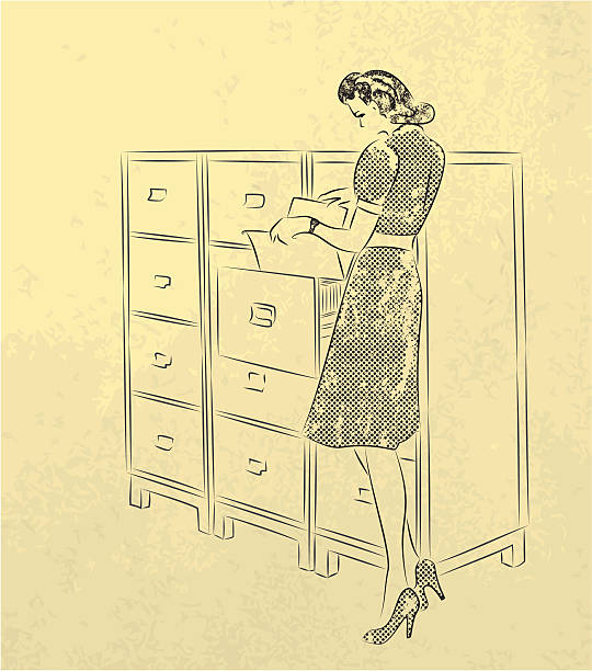 Young secretary looking for documents Young woman-secretary looking for documents in archives. Retro style 1940s style stock illustrations