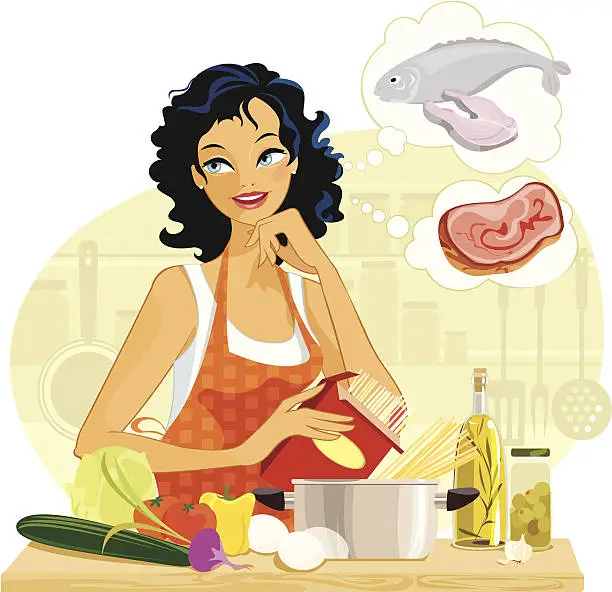Vector illustration of What's cooking? Decisions in the kitchen.