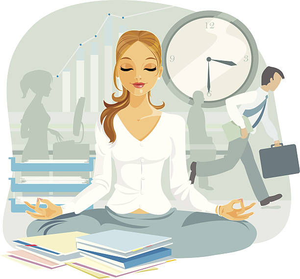 A cartoon image of a blond female doing power yoga A lovely young female executive tries to maintain her equilibrium amidst the frenzy of a business day. time silhouettes stock illustrations