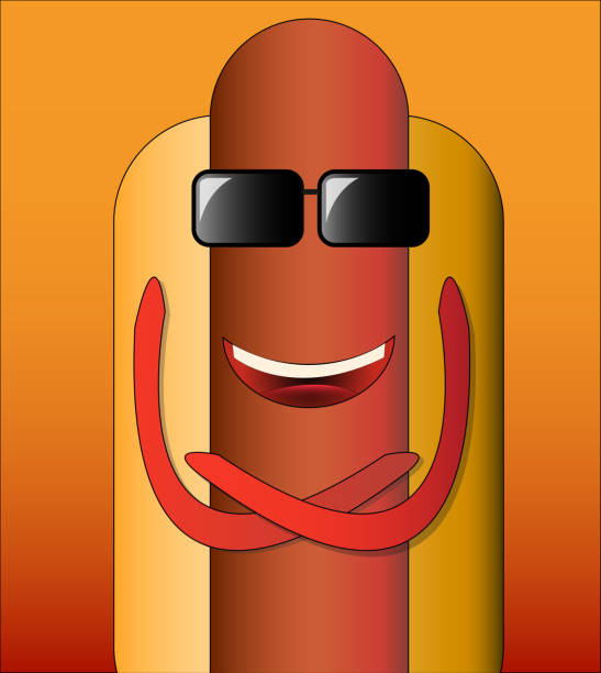Funny hot dog with glasses and a smile. Fast food. Sausage with a human face. Isolated on white background. Funny hot dog with glasses and a smile. Ketchup instead of hands. Fast food. Sausage with a human face. Isolated on white background. man grilling white background stock illustrations