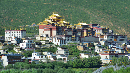 Beautiful view of the Ganden Sumtseling Buddhist Temple. Shangri-La, Tibet, China