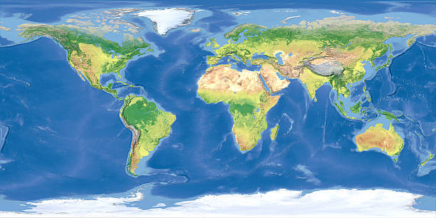 Terrain map of the world from satellite view stock photo