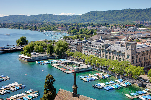 The view from the Grossmünster in Zurich across the river Limmat onto lake Zurich.