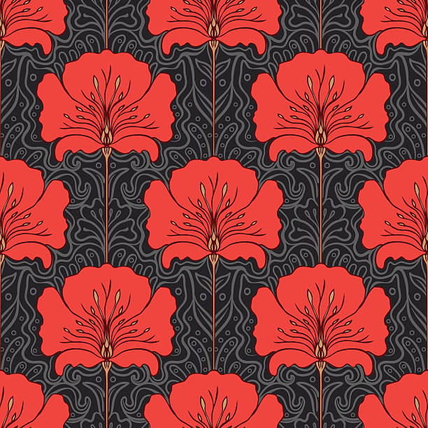 Seamless pattern with red flowers on gray background. Art nouveau style. 