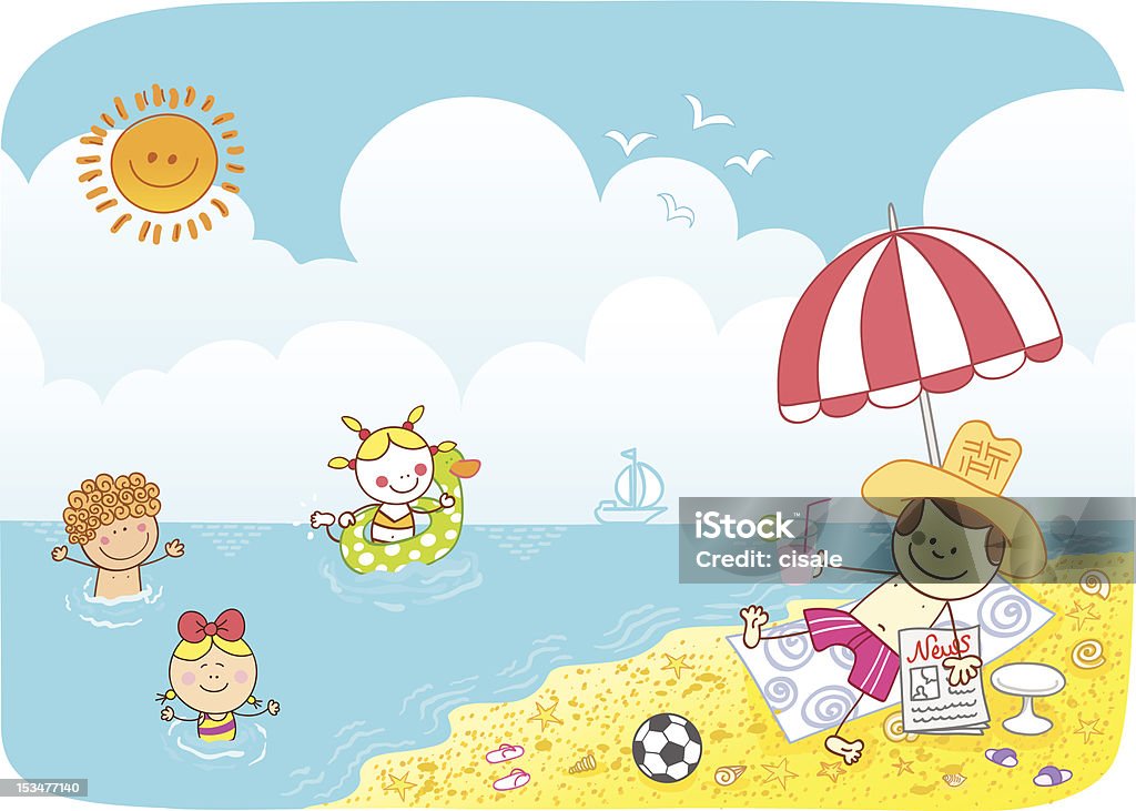 Crianças swiming no mar e farher na praia assistindo a desenhos - Vetor de Desenho de Criança royalty-free