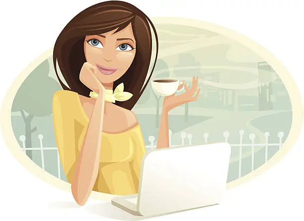 Vector illustration of Woman Drinking Coffee While Using Laptop In Cafe