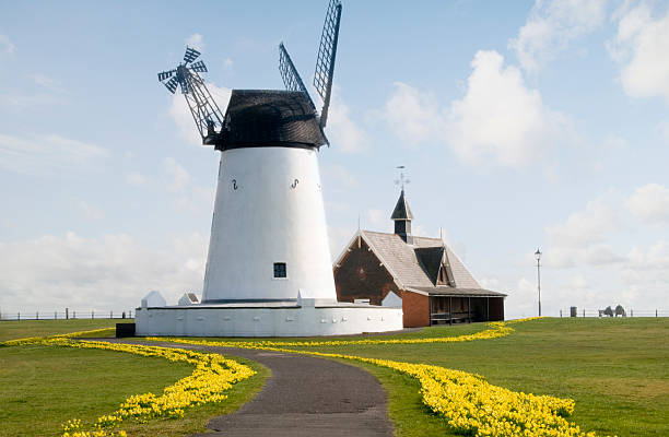 Lytham windmill in the spring White Fylde windmill in the spring with daffodils lytham st. annes stock pictures, royalty-free photos & images