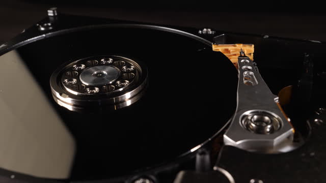 Closeup shot of the inside of a hard drive. Technology. Selective focus.