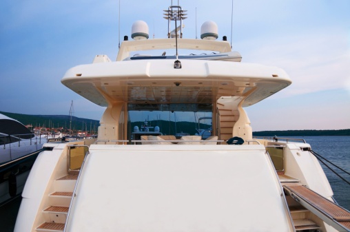 White yacht in marina Punat on island Krk in Croatia.