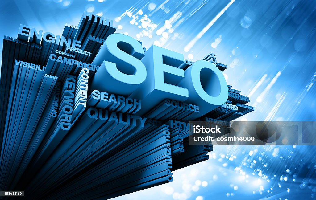 Blue 3D word art pertaining to search engine optimization search engine optimization Computer Stock Photo