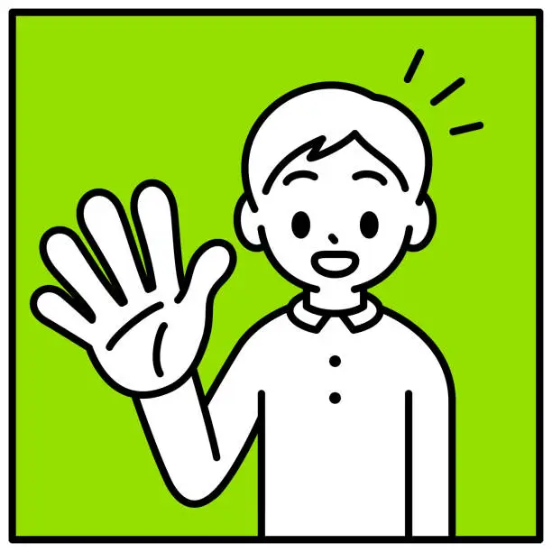 Vector illustration of A boy is gesturing for the number five, looking at the viewer, minimalist style, black and white outline