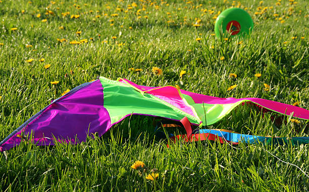 rainbow kite on the grass stock photo