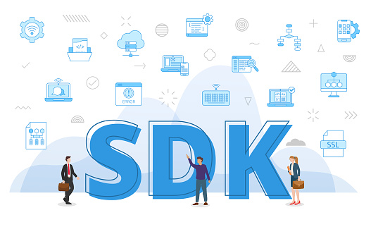 sdk software development kit concept with big words and people surrounded by related icon with blue color style vector illustration