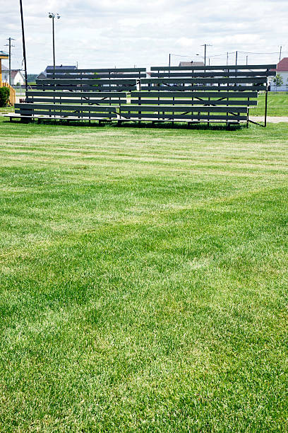 Bleachers and grass Before the big game: Empty wood bleachers for the fans and parents of the local soccer or football team with field grass in the forefront as copy space. wooden bleachers stock pictures, royalty-free photos & images