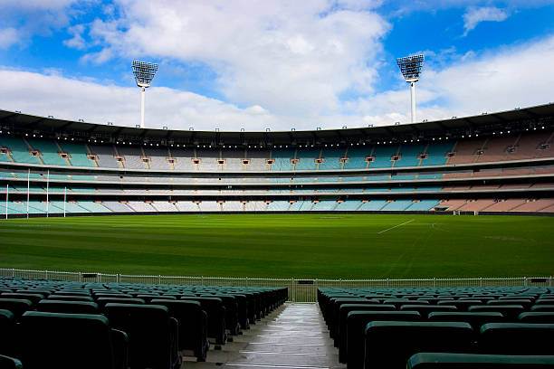 Football stadium empty Football stadium totally empty blue sky scoreboard stadium sport seat stock pictures, royalty-free photos & images