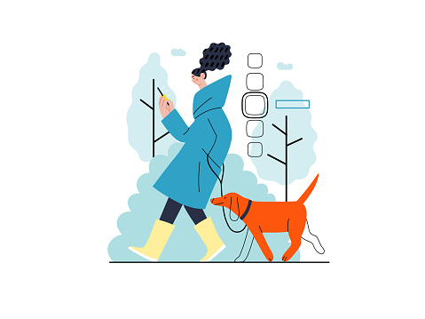 Shop everywhere -Online shopping and electronic commerce series -modern flat vector concept illustration of a woman walking with dog and shopping. Promotion, discounts, sale and online orders concept