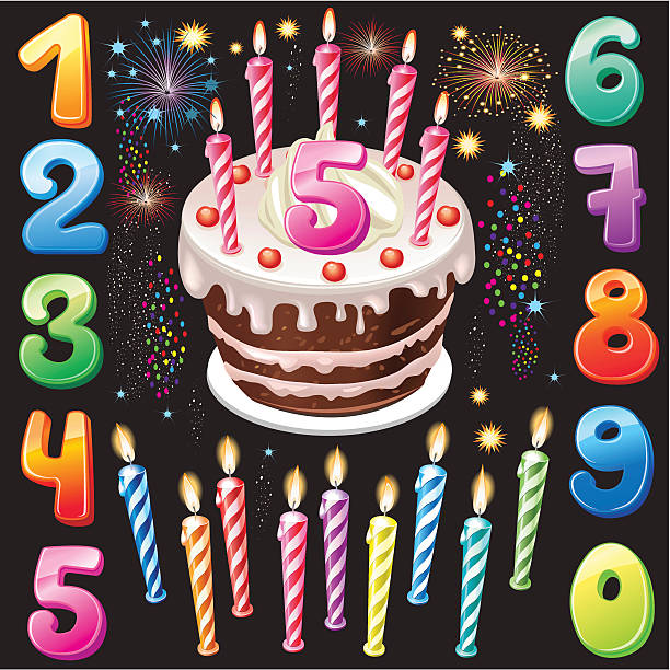 Buon compleanno torta, numeri e di fuoco d'artificio - illustrazione arte vettoriale