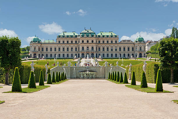 Scenic photo of Belvedere Palace, Vienna, Austria Belvedere Palace Vienna, historic building and landmark with garden and cascades vienna austria photos stock pictures, royalty-free photos & images