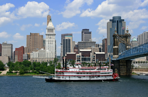 Replica steamboat travels down the Ohio River in front of Cincinnati, Ohio.