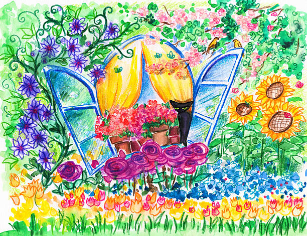 Window Open window into flowering garden.Picture I have created with watercolors. sunflower vine stock illustrations
