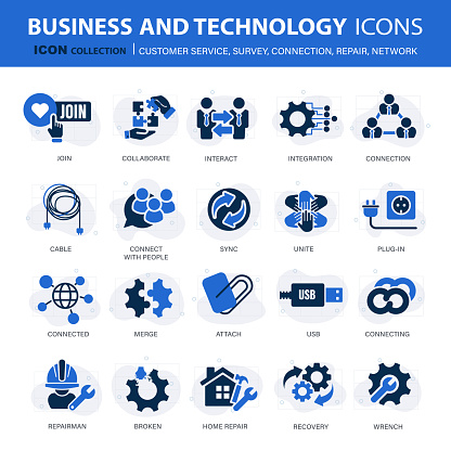 Business and technology icon set for customer service, survey, connection, repair, network. Flat vector illustration