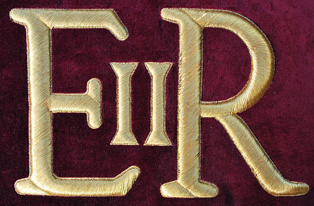 embroidered e-r large embroidered E-R in gold mylar thread on maroon velvet elizabeth ii photos stock pictures, royalty-free photos & images