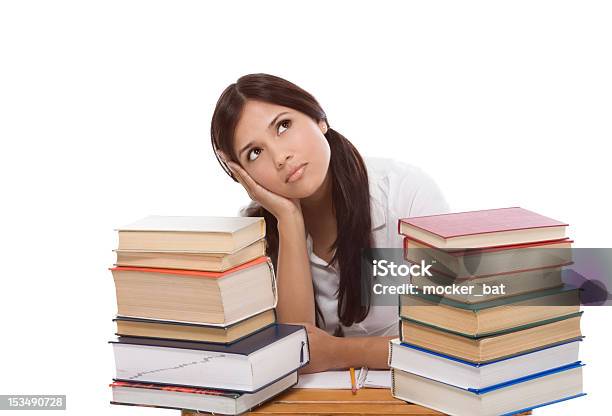 Hispanic College Student Woman With Stack Of Books Stock Photo - Download Image Now - High School Student, Cut Out, Despair