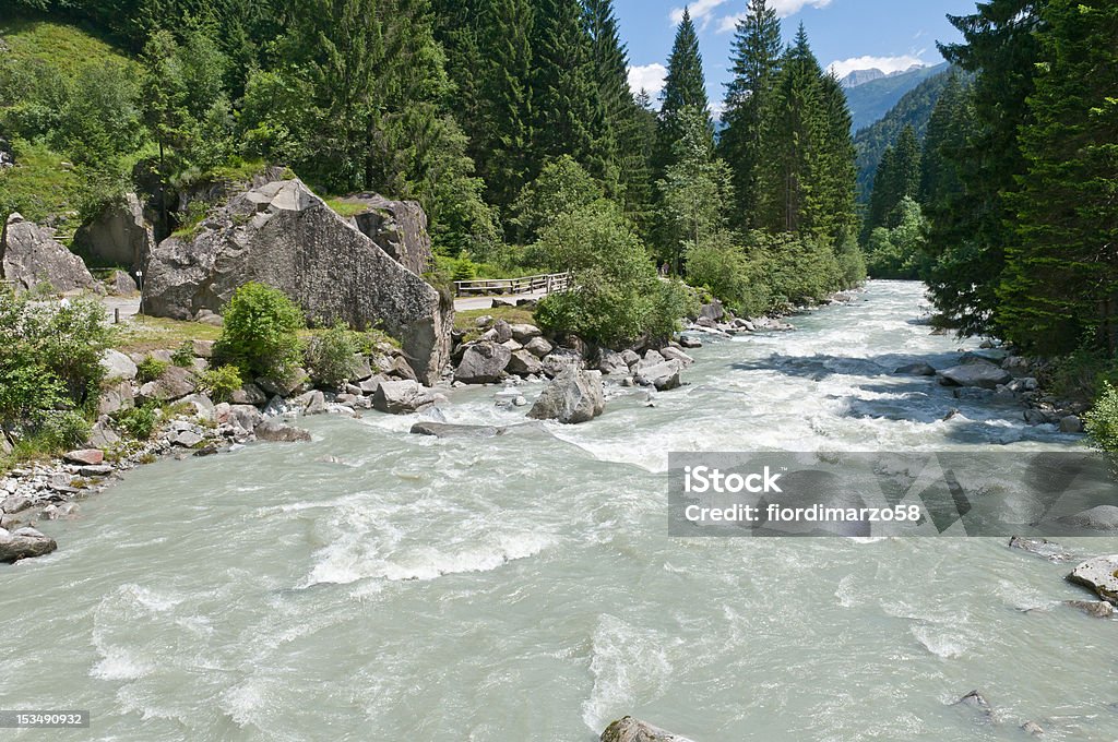 Aerial shot of Sarca River in Val di Genova, Italy Sarca river in the Val di Genova in Western Trentino Horizontal Stock Photo