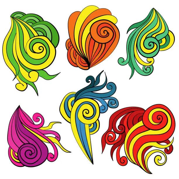Vector illustration of Set of abstract doodle curls with bright colorful elements, decorative spirals for design