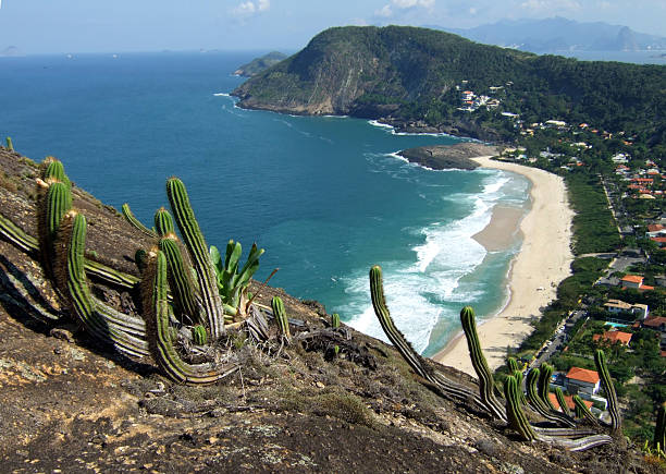 vue de la plage de itacoatiara costao mountain top - niteroi photos et images de collection