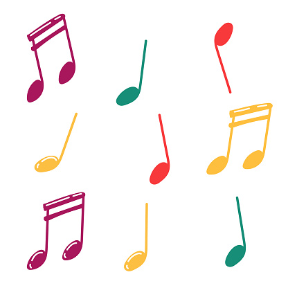 Multi colored notes drawn by hand, doodle notes, simple symbols of music. study of music theory. Sheet music, music, musical notes, elements are isolated on a white background.