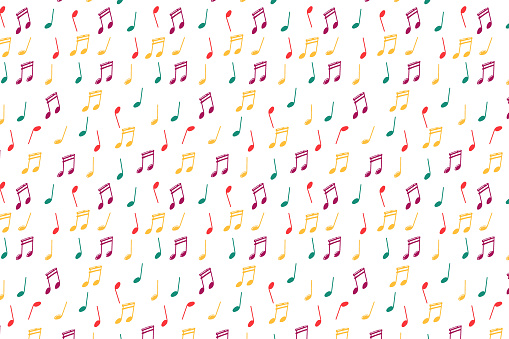 Multi colored notes drawn by hand, doodle notes, simple symbols of music. study of music theory. Sheet music pattern, music, musical notes, elements are isolated on a white background.