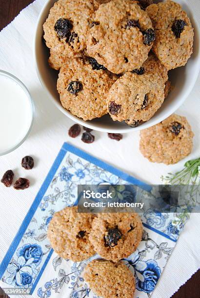 Oatmeal Cookies And A Glass Of Milk Stock Photo - Download Image Now - Baking, Blue, Breakfast