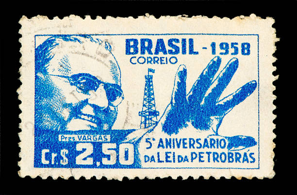 istock Brazilian postage stamp, on black background. 153495274