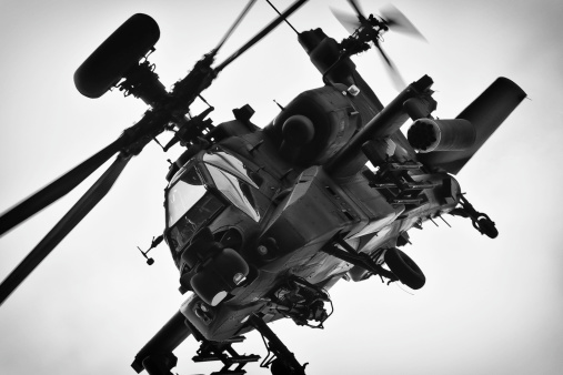 AH-64 MK1 Apache Attack Helicopter performing fast turn and break