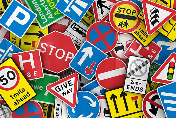 Many British traffic signs stock photo