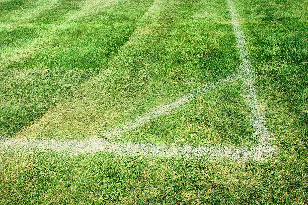 Ready for a game: soccer or football corner white chalk delimitation of a field on natural grass.