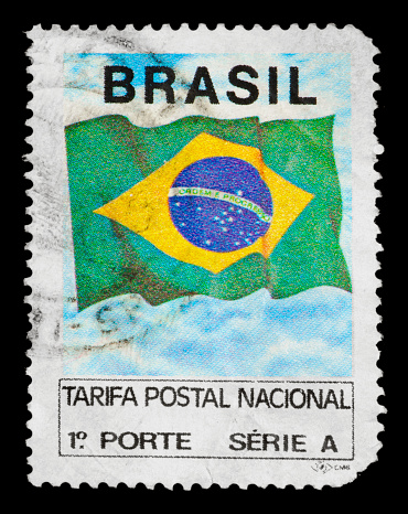 Brazilian postage stamp, on black background.