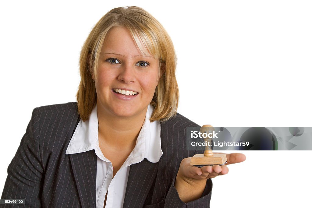 Young woman with stamp Young woman with stamp isolated on white background Adult Stock Photo