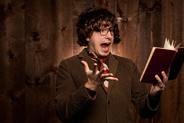 Man with wig, glasses, and book wearing brown jacket