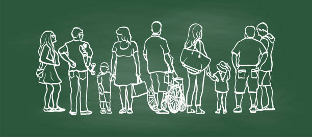 illustrazioni stock, clip art, cartoni animati e icone di tendenza di diversità marciapiede folla lavagna - wheelchair women outline holding hands