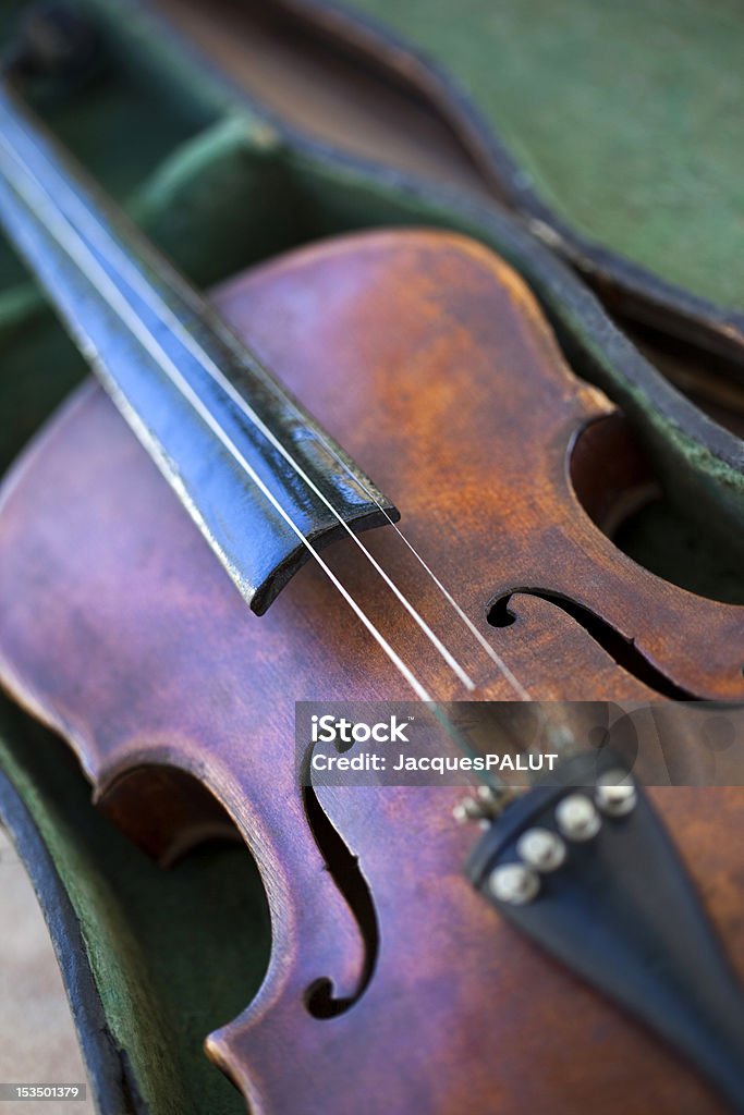 Violin Focus on an old violin in its case in a flea market Close-up Stock Photo