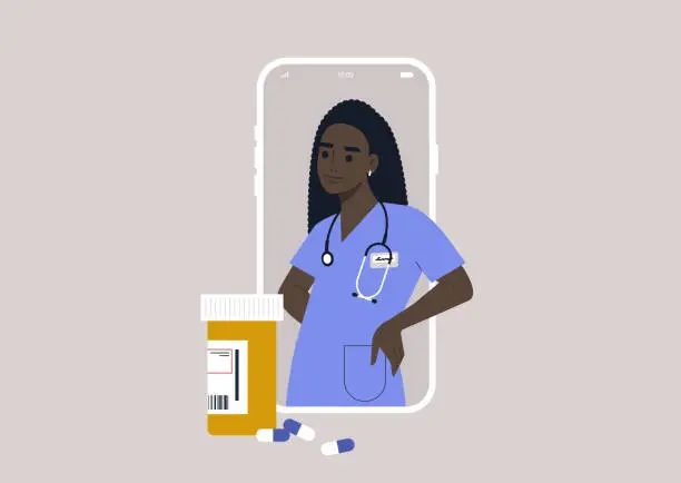 Vector illustration of Online medical appointment for prescription drugs, a young doctor's portrait displayed on a mobile screen