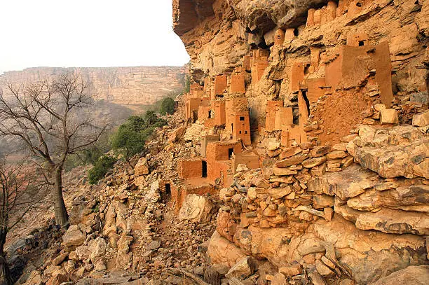 Ancient Dogon and Tellem houses on the Bandiagara escarpment in Mali