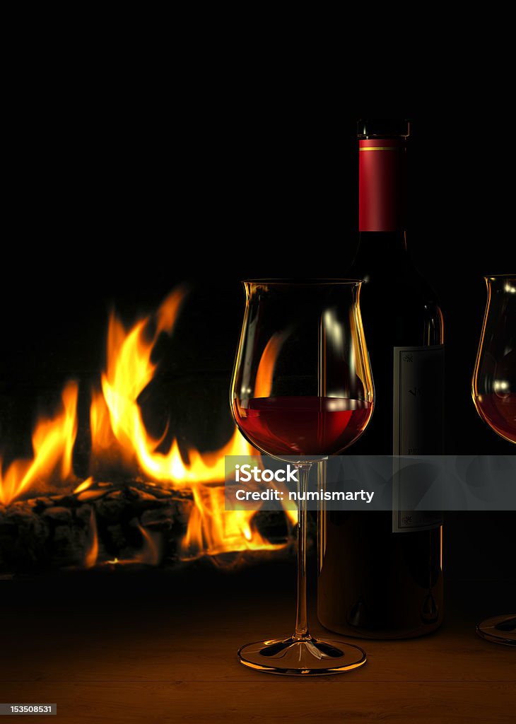 Red wine and fireplace The rendering shows a bottle an two glasses filled with red wine. The label is fictitious and designed by me - no rights/brands are infringed. After Work Stock Photo