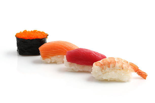 istock Salmon Tuna Shrimp Sushi isolated in white background 153509234
