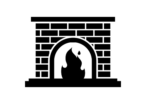 Simple illustration of a home fireplace in black and white.