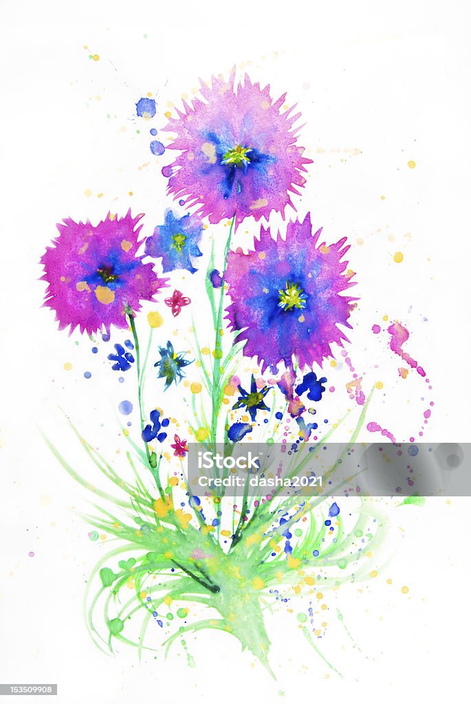 watercolor flowers Flowers pink with green grass watercolor on white background Abstract Stock Photo