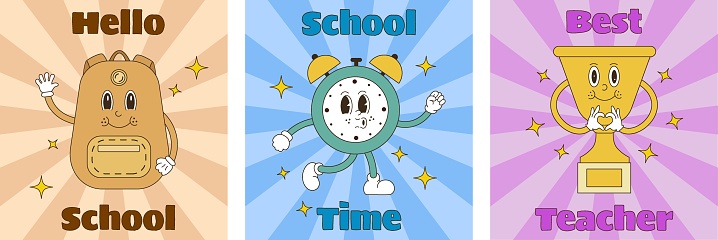 Back to school groove cards. Cute mascot characters. School bag, alarm clock and cup. Vector illustration