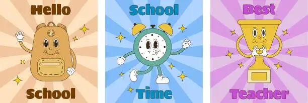 Vector illustration of Back to school groove cards. Cute mascot characters. School bag, alarm clock and cup. Vector illustration